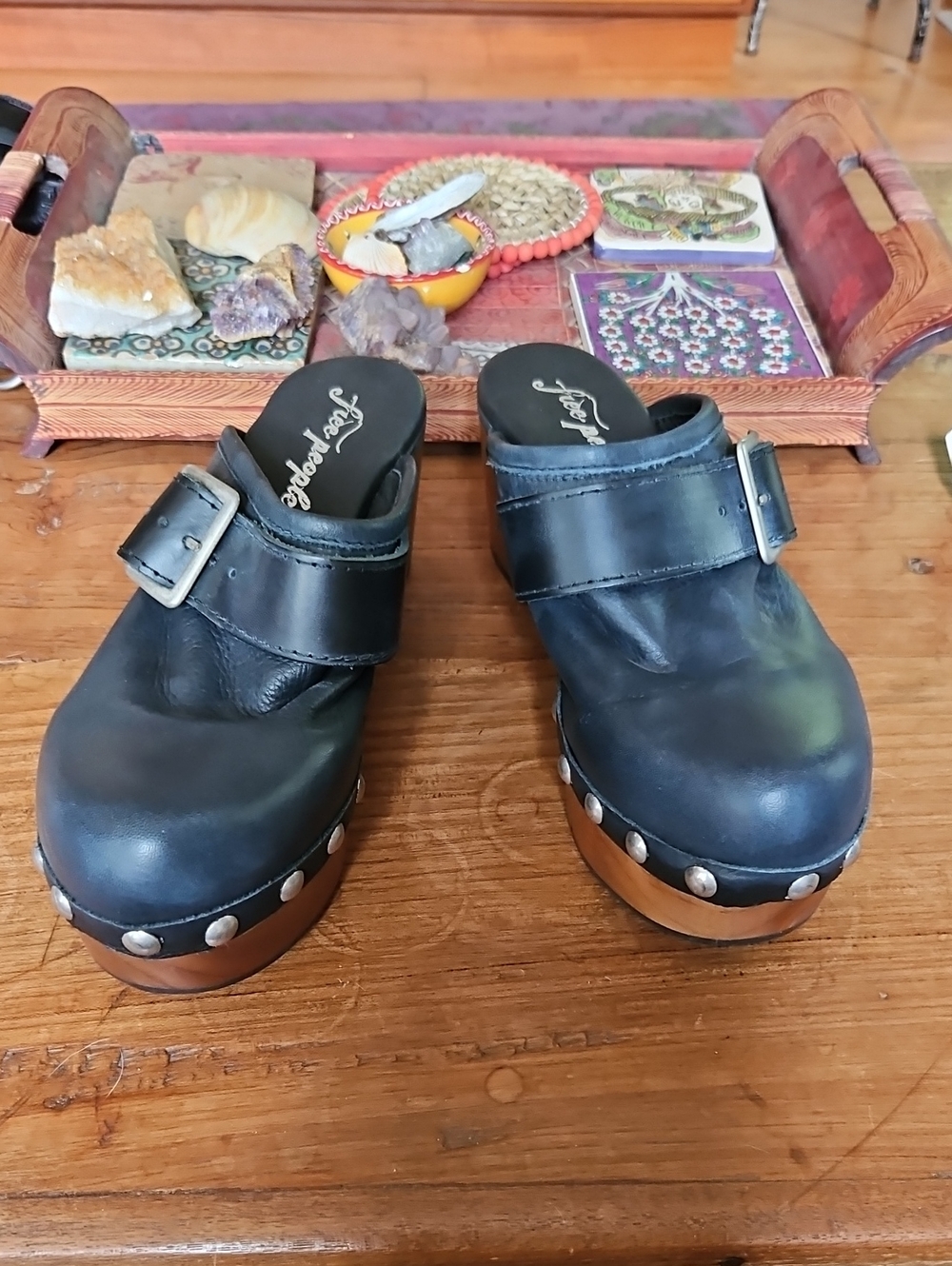 Free People Black Leather Studded Wooden Clog Mules with Buckle